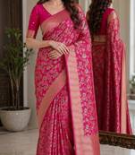 Pink soft silk blend banarasi jacuard work festive saree with unstitched blouse piece