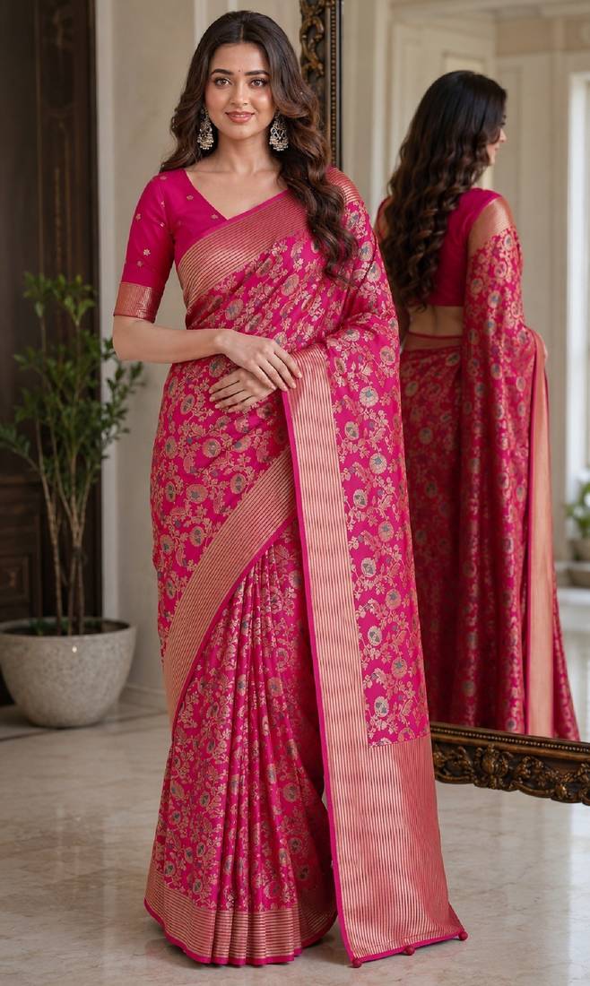 Pink soft silk blend banarasi jacuard work festive saree with unstitched blouse piece