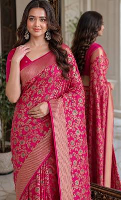 Pink soft silk blend banarasi jacuard work festive saree with unstitched blouse piece 2