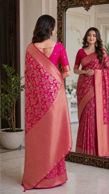 Pink soft silk blend banarasi jacuard work festive saree with unstitched blouse piece 3