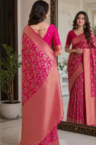 Pink soft silk blend banarasi jacuard work festive saree with unstitched blouse piece