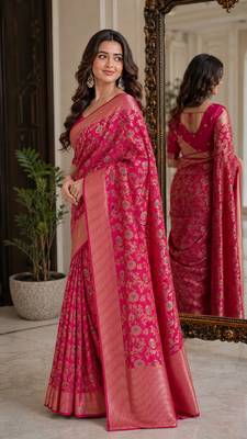 Pink soft silk blend banarasi jacuard work festive saree with unstitched blouse piece 4