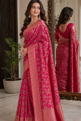 Pink soft silk blend banarasi jacuard work festive saree with unstitched blouse piece