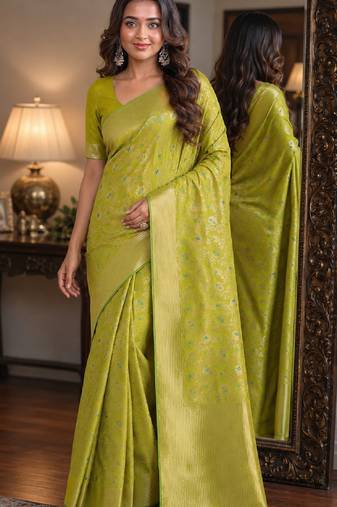 Parrot green soft silk blend banarasi jacuard work festive saree with unstitched blouse piece