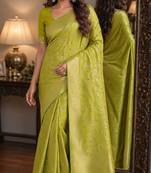 Parrot green soft silk blend banarasi jacuard work festive saree with unstitched blouse piece