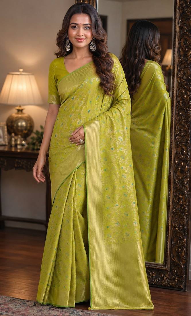Parrot green soft silk blend banarasi jacuard work festive saree with unstitched blouse piece