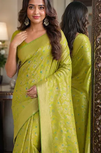 Parrot green soft silk blend banarasi jacuard work festive saree with unstitched blouse piece