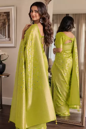 Parrot green soft silk blend banarasi jacuard work festive saree with unstitched blouse piece