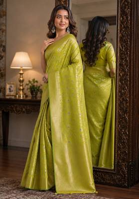 Parrot green soft silk blend banarasi jacuard work festive saree with unstitched blouse piece 4