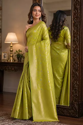 Parrot green soft silk blend banarasi jacuard work festive saree with unstitched blouse piece