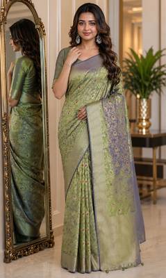 Pista soft silk blend banarasi jacuard work festive saree with unstitched blouse piece 1