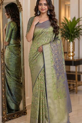 Pista soft silk blend banarasi jacuard work festive saree with unstitched blouse piece