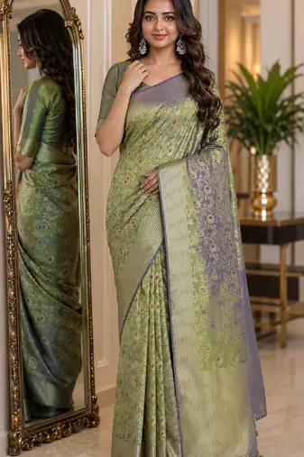 Pista soft silk blend banarasi jacuard work festive saree with unstitched blouse piece