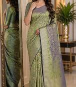 Pista soft silk blend banarasi jacuard work festive saree with unstitched blouse piece