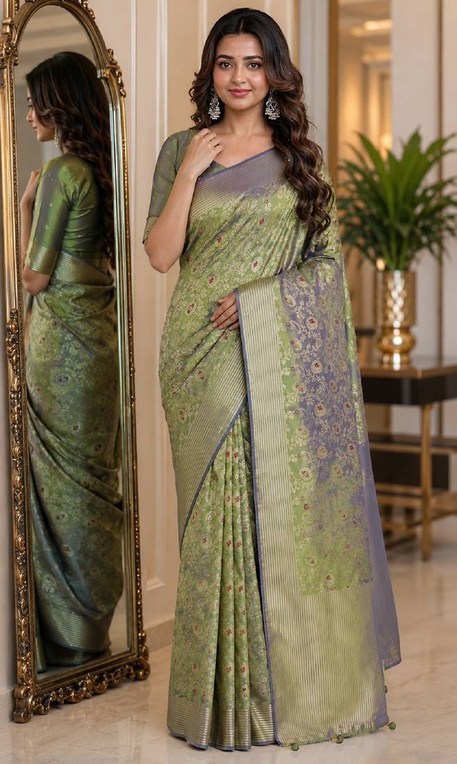 Pista soft silk blend banarasi jacuard work festive saree with unstitched blouse piece