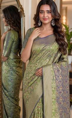 Pista soft silk blend banarasi jacuard work festive saree with unstitched blouse piece 2