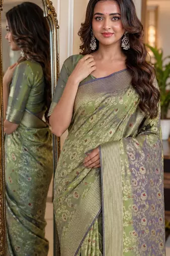 Pista soft silk blend banarasi jacuard work festive saree with unstitched blouse piece
