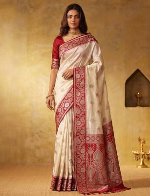 White color silk blended woven jari designer rich sophisticated graceful rich looks saree 1