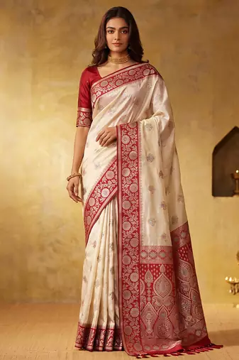 White color silk blended woven jari designer rich sophisticated graceful rich looks saree