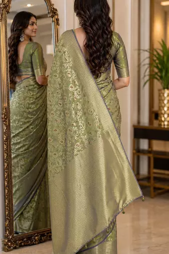 Pista soft silk blend banarasi jacuard work festive saree with unstitched blouse piece