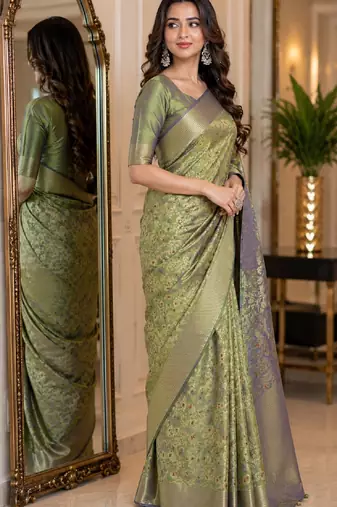 Pista soft silk blend banarasi jacuard work festive saree with unstitched blouse piece