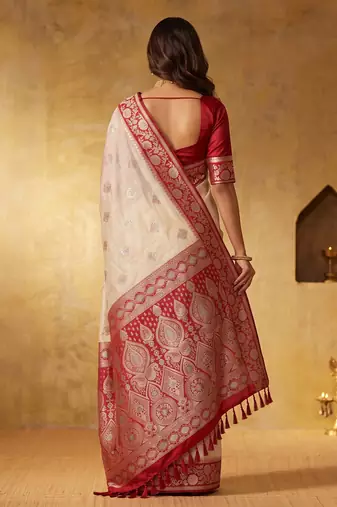 White color silk blended woven jari designer rich sophisticated graceful rich looks saree