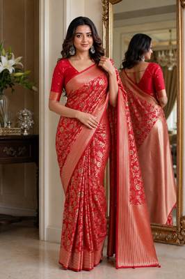 Red soft silk blend banarasi jacuard work festive saree with unstitched blouse piece 1
