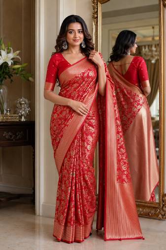 Red soft silk blend banarasi jacuard work festive saree with unstitched blouse piece