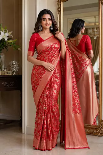 Red soft silk blend banarasi jacuard work festive saree with unstitched blouse piece