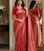Red soft silk blend banarasi jacuard work festive saree with unstitched blouse piece
