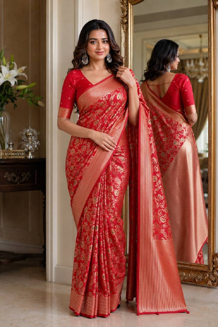 Red soft silk blend banarasi jacuard work festive saree with unstitched blouse piece