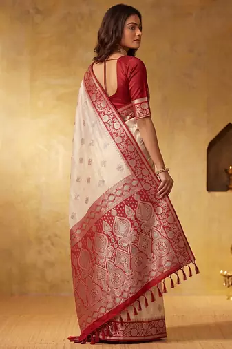 White color silk blended woven jari designer rich sophisticated graceful rich looks saree