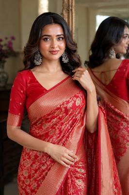 Red soft silk blend banarasi jacuard work festive saree with unstitched blouse piece 2
