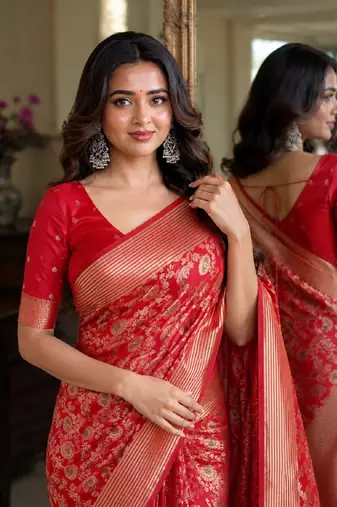 Red soft silk blend banarasi jacuard work festive saree with unstitched blouse piece