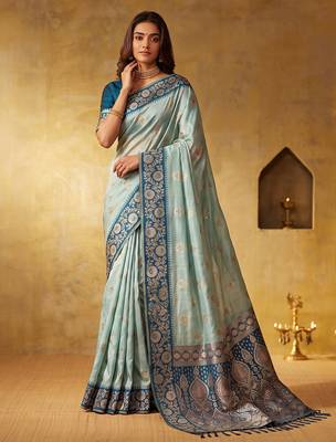 Sky blue color silk blended woven jari designer rich sophisticated graceful rich looks saree 1