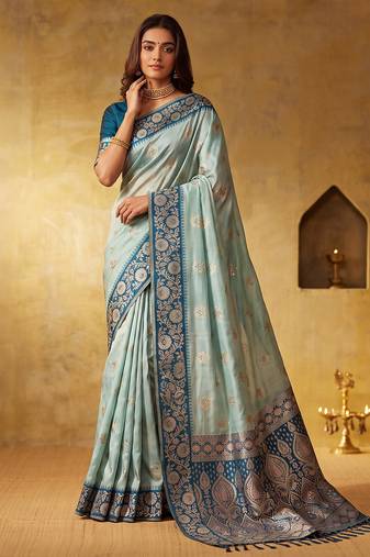Sky blue color silk blended woven jari designer rich sophisticated graceful rich looks saree