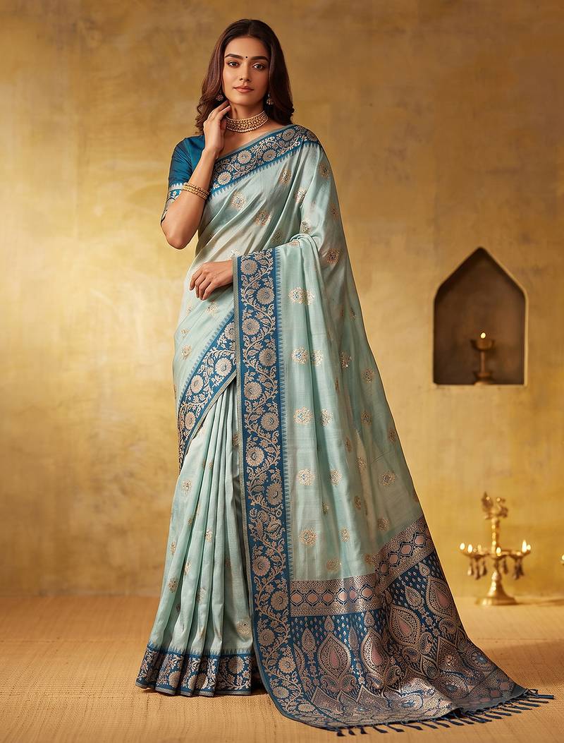 Sky blue color silk blended woven jari designer rich sophisticated graceful rich looks saree