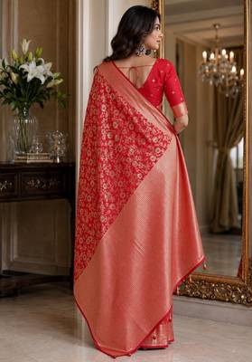 Red soft silk blend banarasi jacuard work festive saree with unstitched blouse piece 3