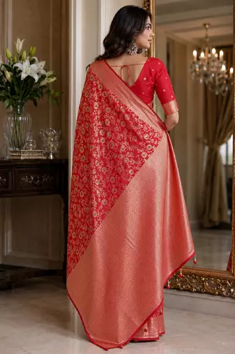 Red soft silk blend banarasi jacuard work festive saree with unstitched blouse piece