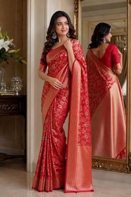 Red soft silk blend banarasi jacuard work festive saree with unstitched blouse piece 4