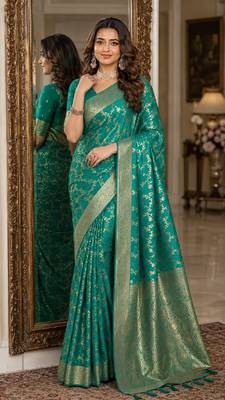 Rama soft silk blend banarasi jacuard work festive saree with unstitched blouse piece 1