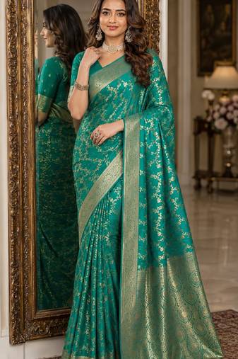 Rama soft silk blend banarasi jacuard work festive saree with unstitched blouse piece
