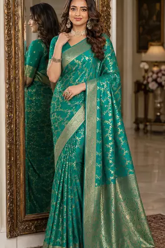 Rama soft silk blend banarasi jacuard work festive saree with unstitched blouse piece