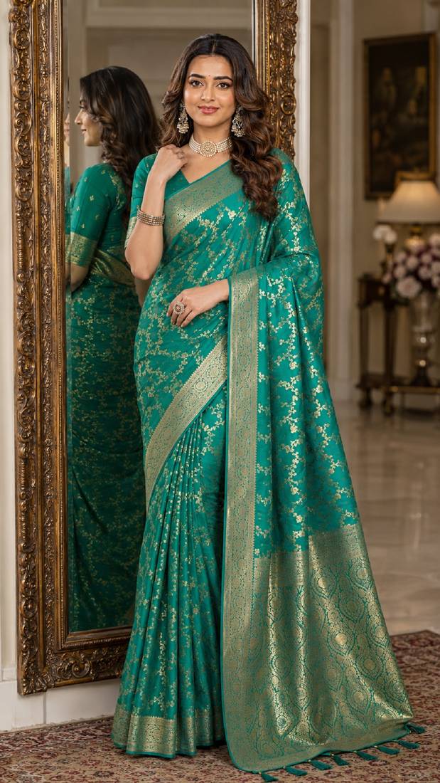 Rama soft silk blend banarasi jacuard work festive saree with unstitched blouse piece