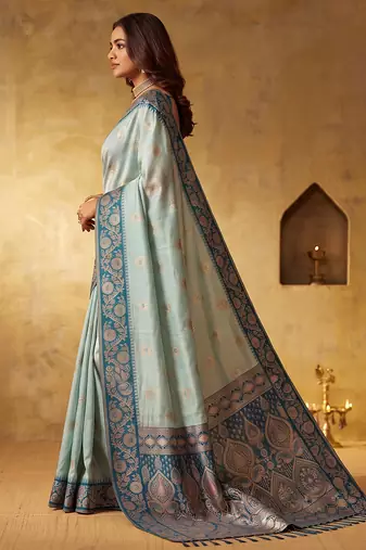Sky blue color silk blended woven jari designer rich sophisticated graceful rich looks saree