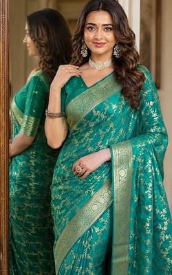 Rama soft silk blend banarasi jacuard work festive saree with unstitched blouse piece 2