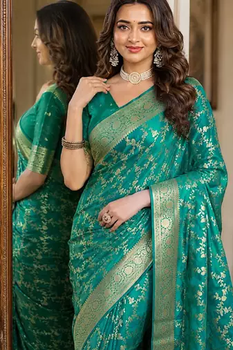 Rama soft silk blend banarasi jacuard work festive saree with unstitched blouse piece