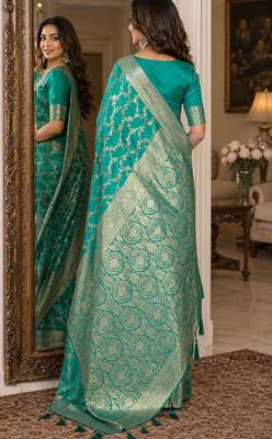 Rama soft silk blend banarasi jacuard work festive saree with unstitched blouse piece 3