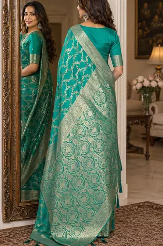 Rama soft silk blend banarasi jacuard work festive saree with unstitched blouse piece