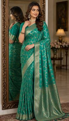 Rama soft silk blend banarasi jacuard work festive saree with unstitched blouse piece 4